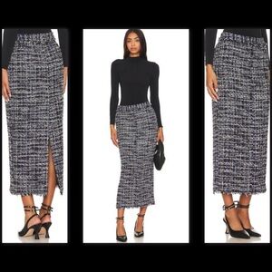 New L'Academie Tweed Office Siren Straight Black Multi Frayed Hem Maxi Skirt S
